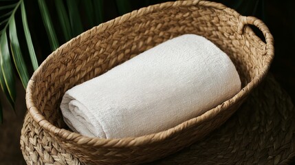 Obraz premium A large oval basket made from a mix of banana leaf and rattan, used for storing blankets--style raw