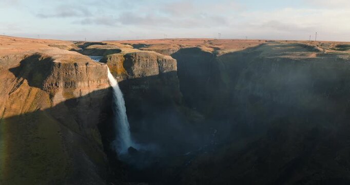 Drone Approaches Haifoss Waterfall In Iceland