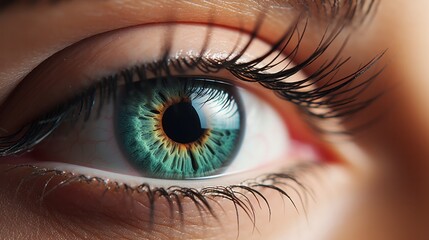 Fototapeta premium High-resolution close-up of a female eye with prominent, long eyelashes. The focus is on the fine details of the eyelashes and the vibrant hues of the iris, set against a minimalistic backdrop