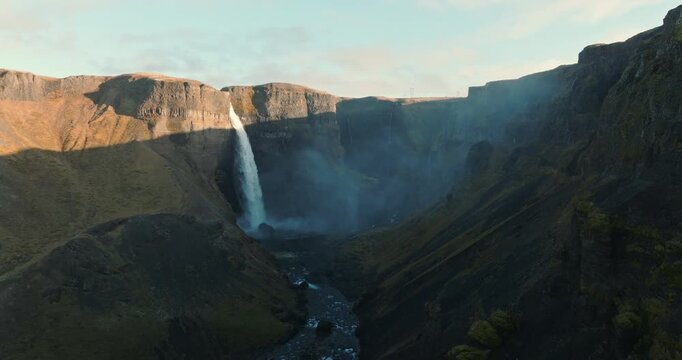 Drone Soaring Towards Haifoss Waterfall In Iceland