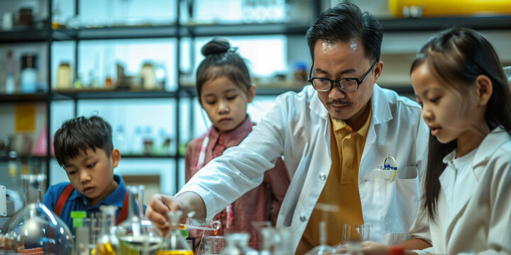 A teacher in a lab coat guides young students in a science experiment, promoting STEM learning and education.. asian man