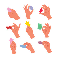 Set of hand holding jigsaw puzzle piece collection, Arms of hands of people or co-workers holding jigsaw puzzle, Problem solving concept, trategy concept. Teamwork, cooperation, business, solution.