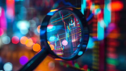 Magnifying glass focusing on stock charts on a colorful, illuminated trading screen, closeup