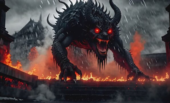A terrifying scene featuring a monstrous demon with glowing red eyes and sharp teeth standing at the gates of hell. Flames and smoke swirl around as rain pours down, set against a fiery landscape.