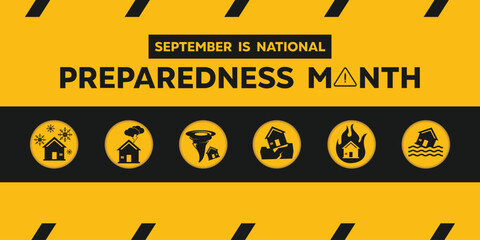September is National Preparedness Month. Snow, lightning, tornado, earthquake, fire, flood. Suitable for cards, banners, posters, social media and more. Yellow background.