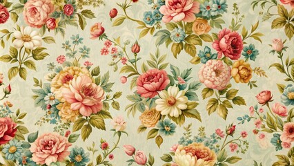 Vintage Floral Textile Pattern with Pink, Red, and Blue Flowers, Floral Design, Fabric Pattern, Wallpaper, Textile Art