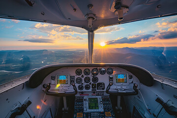 Aerial sunset view over the Blue Ridge Mountains from the cockpit of a private aircraft