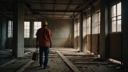 Construction Worker Standing in Unfinished Room During Daytime