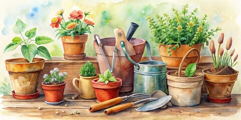 Watercolor Still Life of Garden Tools and Plants, watering can, garden tools, flower pots, watercolor, still life, nature