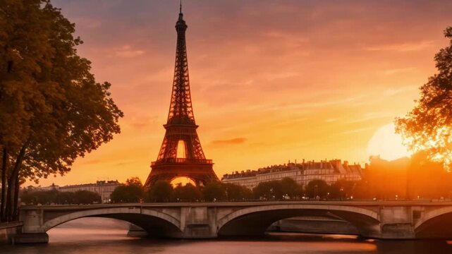 Eiffel Tower at sunset in Paris, France, Romantic travel background, beautiful, footage, 4k footage, videos, video clip, slow motion, 4k, short video