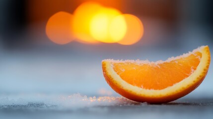 Orange peel, cold winter night, cozy fireplace glow, snowfall outside