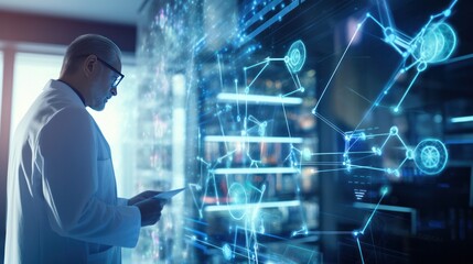 A doctor in a white coat is interacting with a tablet displaying a holographic interface,