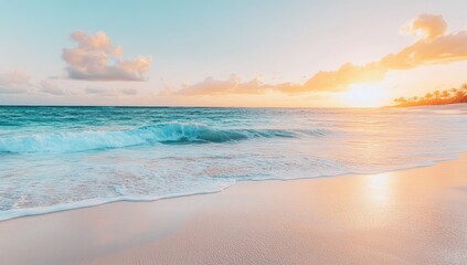 Stunning Turquoise Ocean Waves Gently Lapping Against Golden Sand at Sunset, Shoreline