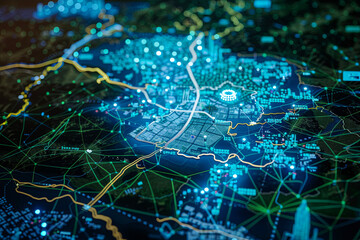 Map of a country highlighting areas where neural tech has been implemented in governance, showing improved efficiency and outcomes for citizens