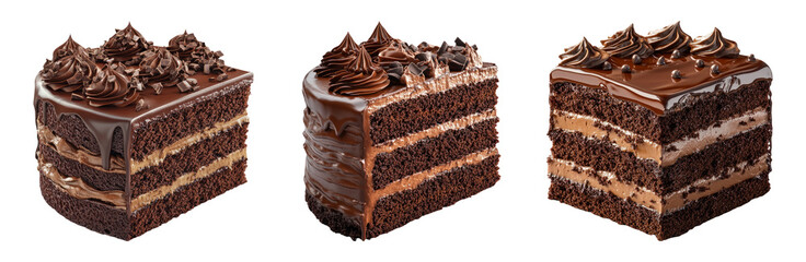 Obraz premium Decadent chocolate cake slices set isolated on transparent background
