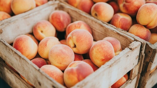 Peaches on wooden crates, rustic market stall, first harvest celebration, joyful community gathering