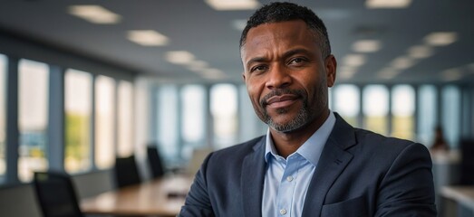 Obraz premium Corporate, portrait and black man with arms crossed in office for legal advice, professional and experience. Career, male lawyer or immigration attorney with confidence for job, work and law firm