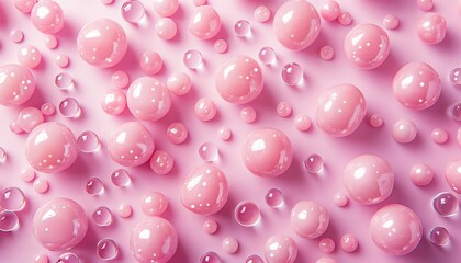 Pink candy pearls scattered on a pink surface, topdown view, even lighting, playful and sweet scene