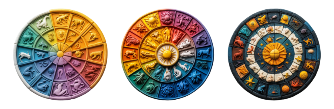 Colorful zodiac wheels set isolated on transparent background - Powered by Adobe