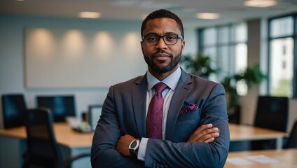 Fototapeta premium Corporate, portrait and black man with arms crossed in office for legal advice, professional and experience. Career, male lawyer or immigration attorney with confidence for job, work and law firm