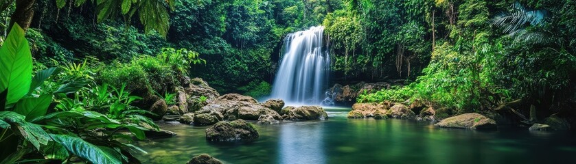 Fototapeta premium A stunning tropical waterfall cascading into a serene pool, surrounded by lush greenery and vibrant nature, perfect for relaxation.