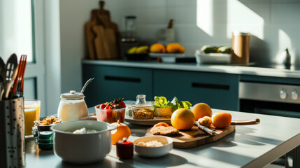 Bright and Inviting Breakfast Spread with Fresh Fruits and Juice