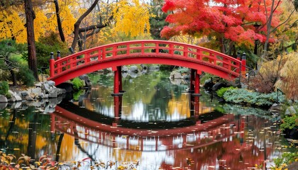 Fototapeta premium Serene Japanese garden with a red bridge over a pond and autumn foliage
