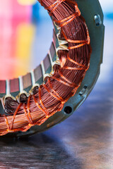 Copper winding of stator the electric motor, close-up view