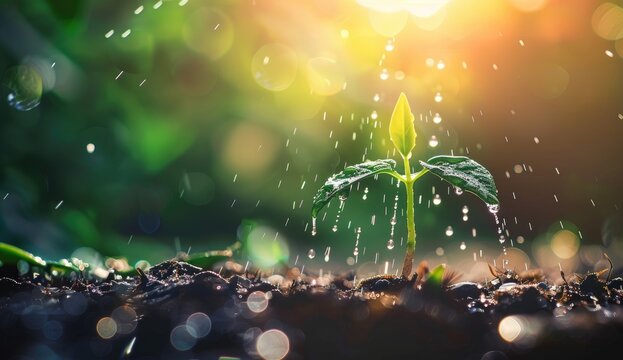 Young Seedling Sprout Rising From Dark Soil Under Soft Glowing Sunlight at Dawn