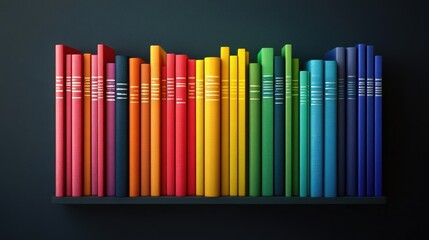 Vibrant Bookshelves Displaying Colorful Books Arranged in Rainbow Order Against Dark Background