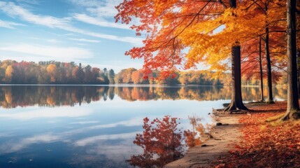 An enchanting autumn view of a tranquil lake surrounded by trees in full fall colors reflections