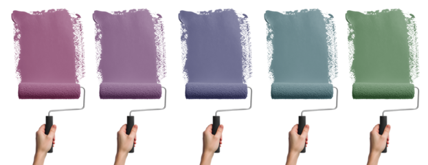 Set of hand painting holding roller brush with streak smear paint subtle muted colours of burgundy, purple, navy, teal, olive, green on transparent cutout PNG. Mockup template for artwork design