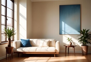 Interior of a A minimalist living room with poster frame a white sofa, wooden coffee table, and a large framed artwork on the wall
