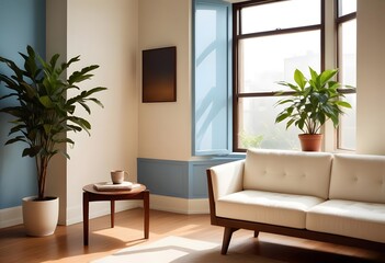 Fototapeta premium Interior of a A minimalist living room with poster frame a white sofa, wooden coffee table, and a large framed artwork on the wall