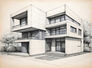 contemporary architectural sketch with pencil and markers of a house facade technical drawn background