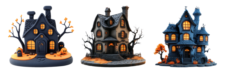 Spooky haunted houses set isolated on transparent background