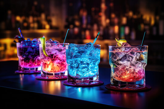 Colorful Cocktails on Bar Counter in Neon Light