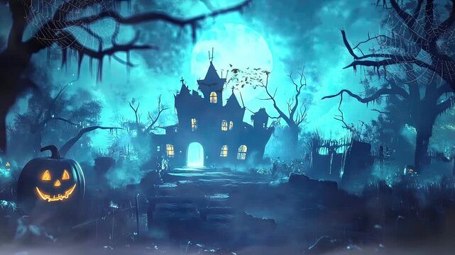 Halloween night with a spooky forest filled with flying bats. animation seamless looping background. 