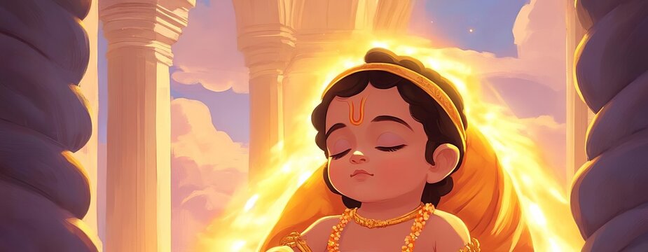 Digital art of baby Krishna in a golden cradle, surrounded by divine light, in the prison of Mathura