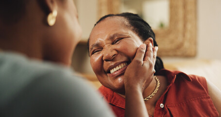 Mature, mom and daughter with hand on face for love, gratitude and affection or emotional...