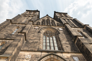 The splendor of the main facade of the Saints Peter and Paul Basilica in the Vysehrad district of Prague in Czech Republic