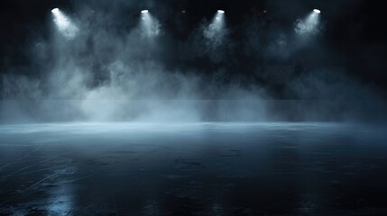 Fototapeta premium Dark Atmosphere With Smoke and Spotlights Illuminating the Floor In a Distant Performance Venue at Night