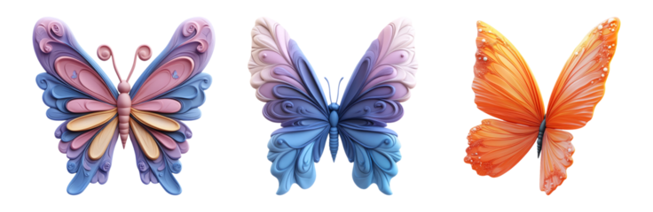 Butterfly sculptures isolated on transparent background