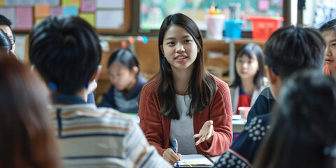 A young woman leads a discussion in a classroom setting. The students are gathered around a table, listening attentively as she speaks.. asian woman