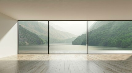 Fototapeta premium A spacious living room with blurry green mountains in the distance and a river in the foreground. An open space. Large floor-to-ceiling windows with very thin black frames.