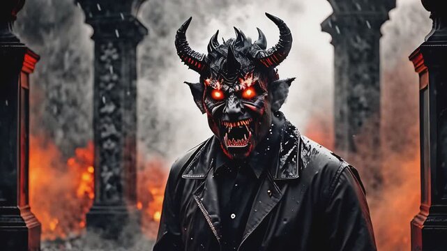 A terrifying scene of a monstrous demon with glowing red eyes and sharp teeth standing at the gates of hell. Flames and smoke swirl around as rain pours down, set against a fiery landscape in a dark, 