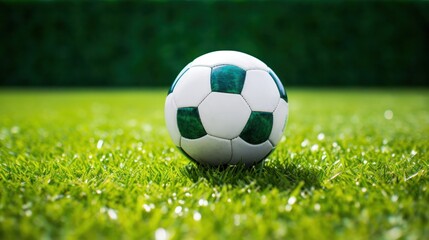 Fototapeta premium Soccer ball resting on a perfectly manicured artificial turf,