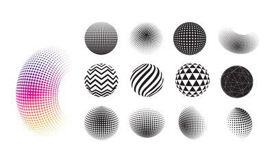 Dotted halftone sphere. Striped and checkered 3d spheres with dot particles, abstract spherical balls. Halftone gradient texture isolated vector logo globe shapes design