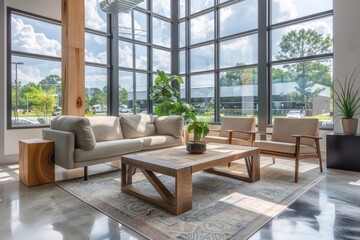 Modern Professional Office Waiting Area Featuring Large Windows and Comfortable Seating in a Spacious Room