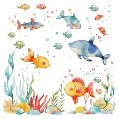 Naklejka premium Watercolor painting of a charming underwater scene with smiling sea creatures, on isolated white background